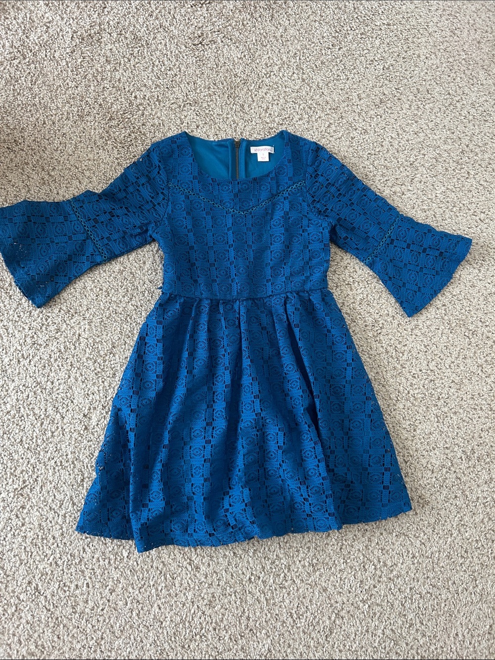 Girls' Blue Lace Fit-and-Flare Dress with Bell Sleeves